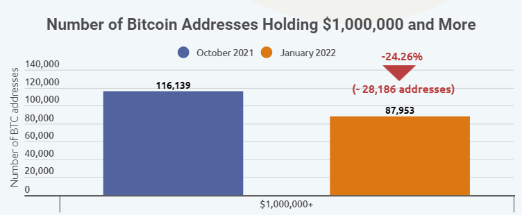 As a result of the increasing volatility and subsequent decline in the value of the cryptocurrency market over the last three months, the number of bitcoin (btc) millionaires has been reduced by a significant margin.